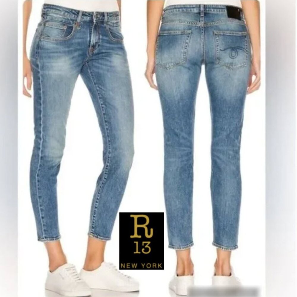 R13 Boy Skinny Jeans Jasper Stretch Mid Rise Faded Blue Made in Italy Size 26